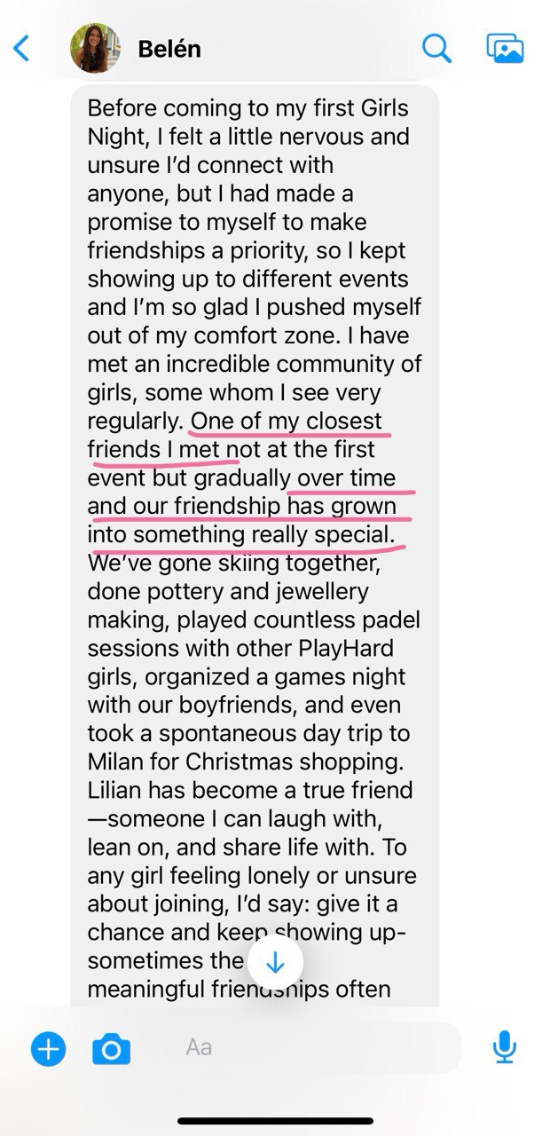 Message from a Playhard member, Belén, about pushing herself to keep showing up and building a really special friendship
