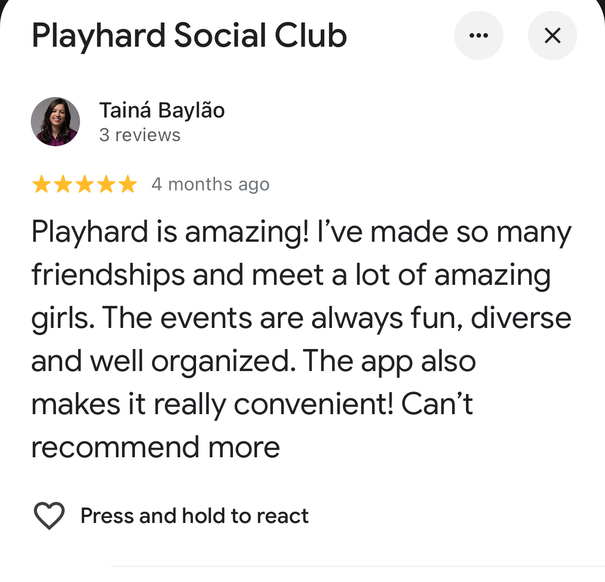 Five-star Google review of Playhard Social Club: she has made so many friendships and met a lot of amazing girls