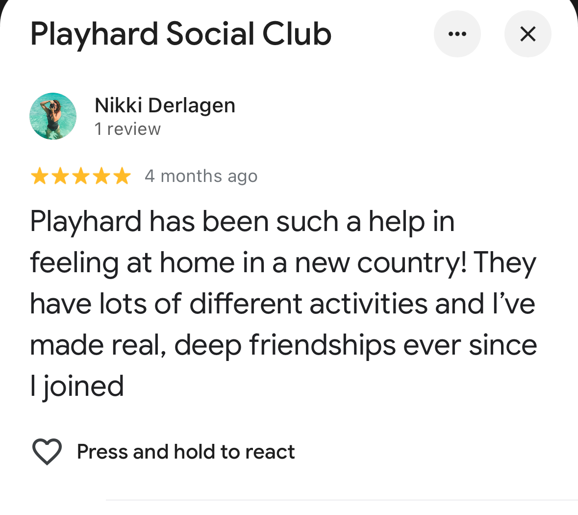 Five-star Google review of Playhard Social Club