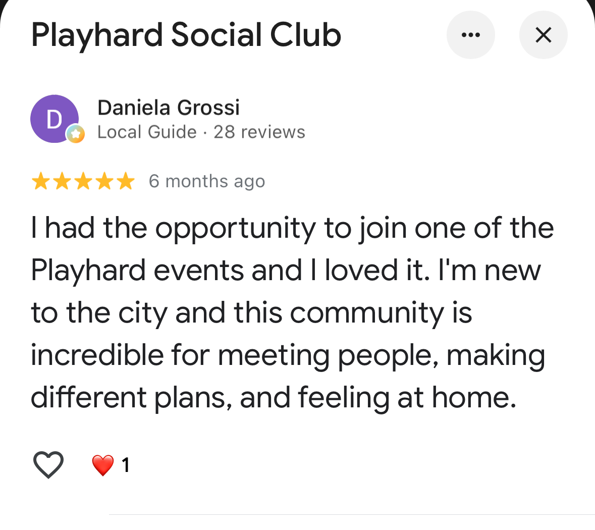 Five-star Google review of Playhard Social Club