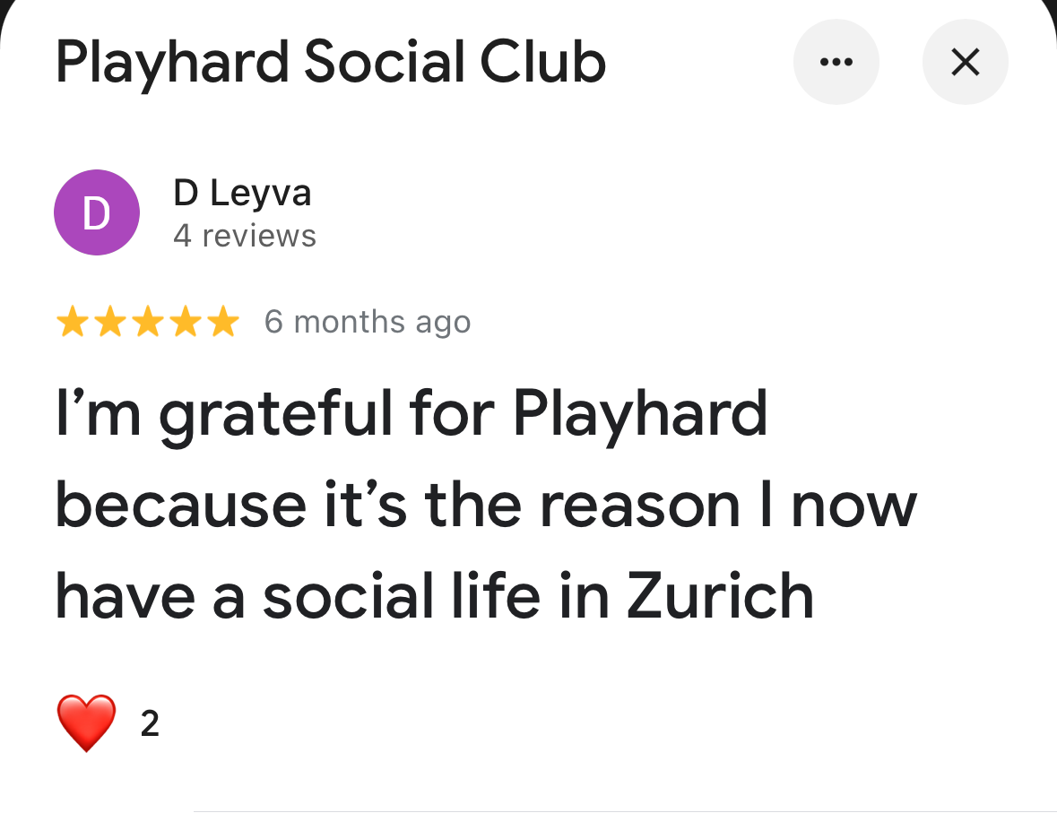 Five-star Google review of Playhard Social Club