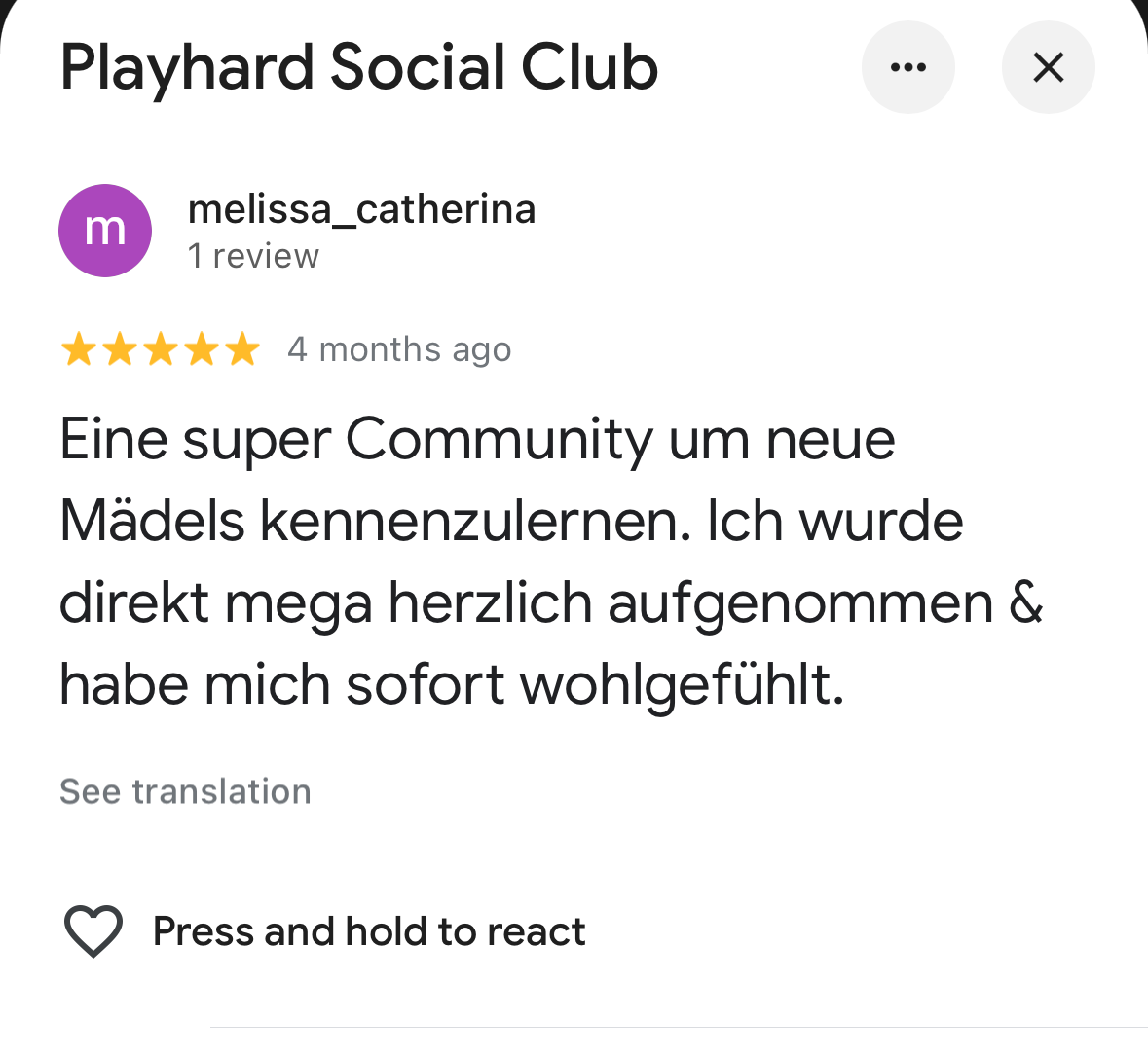 Five-star Google review of Playhard Social Club